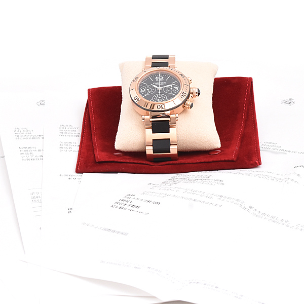 カルティエ 時計 メンズ パシャ シータイマー クロノグラフ ブラック文字盤 自動巻 ピンクゴールド Cartier 750PG W301980M 中古