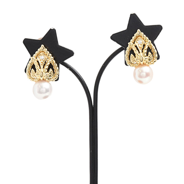 ミキモト イヤリング レディース パール ダイヤ 7.7mm珠 イエローゴールド K18 MIKIMOTO 中古