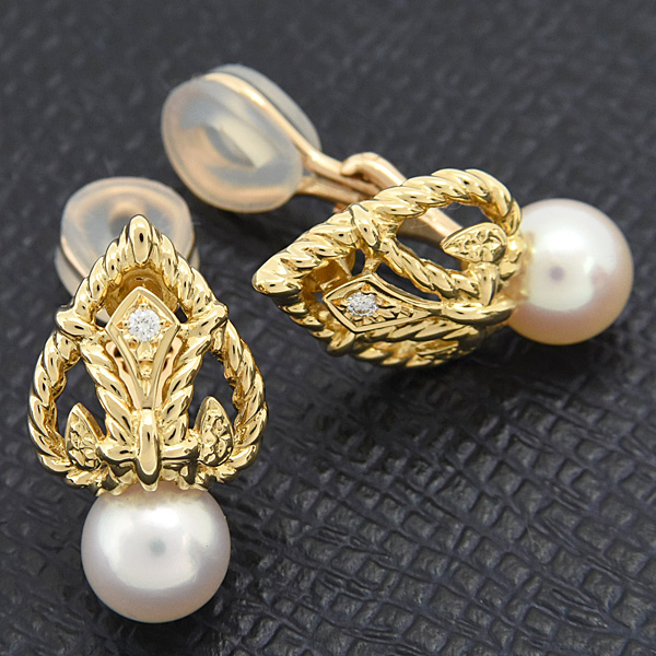 ミキモト イヤリング レディース パール ダイヤ 7.7mm珠 イエローゴールド K18 MIKIMOTO 中古