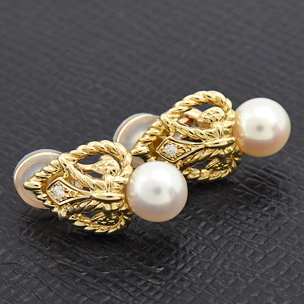 ミキモト イヤリング レディース パール ダイヤ 7.7mm珠 イエローゴールド K18 MIKIMOTO 中古