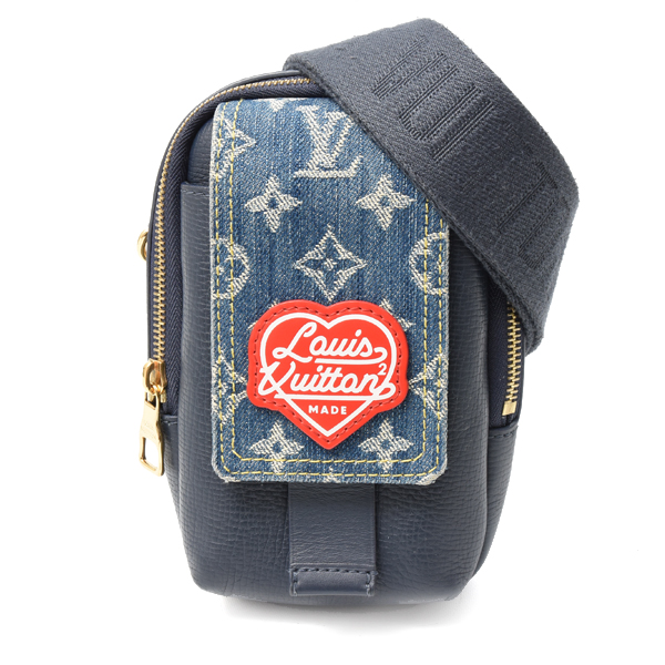 ルイヴィトン バッグ メンズ ダブルフォンポーチ ショルダーバッグ モノグラムデニム トリヨンレザー デニムブルー ネイビー M81060 Louis Vuitton 中古
