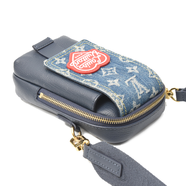 ルイヴィトン バッグ メンズ ダブルフォンポーチ ショルダーバッグ モノグラムデニム トリヨンレザー デニムブルー ネイビー M81060 Louis Vuitton 中古