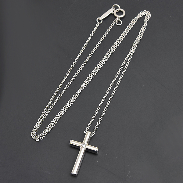 ティファニー ネックレス レディース 1Pダイヤ クロス ペンダント ダイヤモンド ホワイトゴールド 十字架 750WG K18 TIFFANY 中古