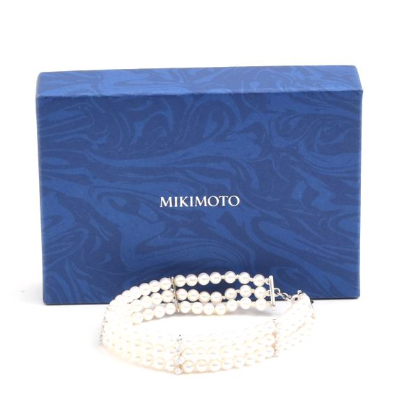 ミキモト ブレス レディース 3連 ベビーパール ダイヤ ブレス D0.44ct ホワイトゴールド MIKIMOTO K18WG 中古