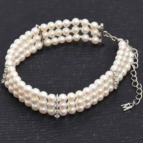 ミキモト ブレス レディース 3連 ベビーパール ダイヤ ブレス D0.44ct ホワイトゴールド MIKIMOTO K18WG 中古