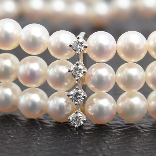 ミキモト ブレス レディース 3連 ベビーパール ダイヤ ブレス D0.44ct ホワイトゴールド MIKIMOTO K18WG 中古