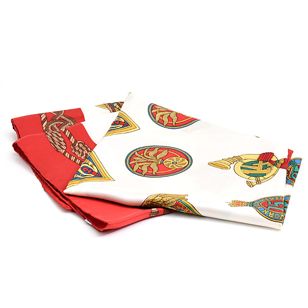 グッチ スカーフ レディース 勲章 リボンデザイン 大判 ショール シルク ホワイト レッド GUCCI 中古