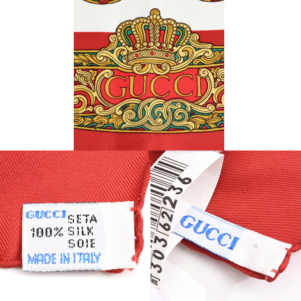 グッチ スカーフ レディース 勲章 リボンデザイン 大判 ショール シルク ホワイト レッド GUCCI 中古