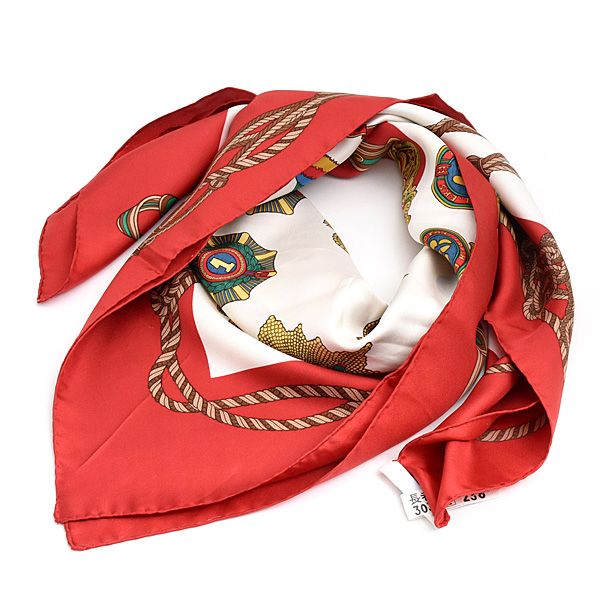 グッチ スカーフ レディース 勲章 リボンデザイン 大判 ショール シルク ホワイト レッド GUCCI 中古