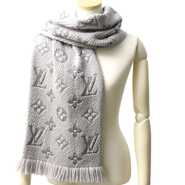 ルイヴィトン マフラー レディース エシャルプ ロゴマニア マフラー ウール×シルク グレー Louis Vuitton M74742 中古