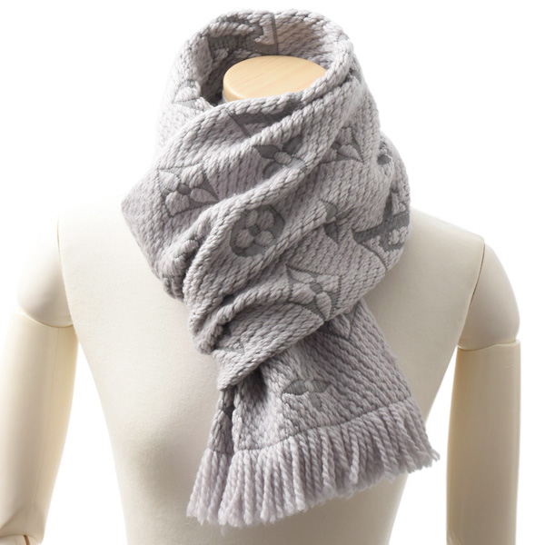 ルイヴィトン マフラー レディース エシャルプ ロゴマニア マフラー ウール×シルク グレー Louis Vuitton M74742 中古