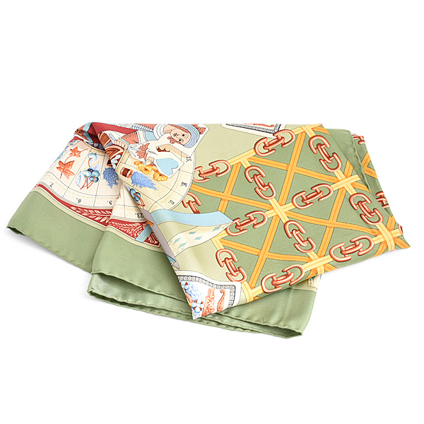 グッチ スカーフ レディース トランプ 花時計 デザイン 大判 ショール シルク グリーン系 GUCCI 中古