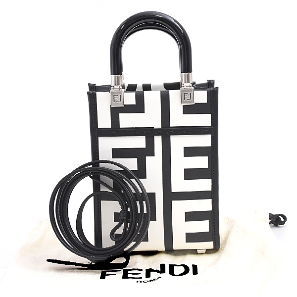 フェンディ バッグ レディース サンシャインショッパー ミニ ハンドバッグ カーフ ホワイト×ブラック FENDI 8BS051 中古
