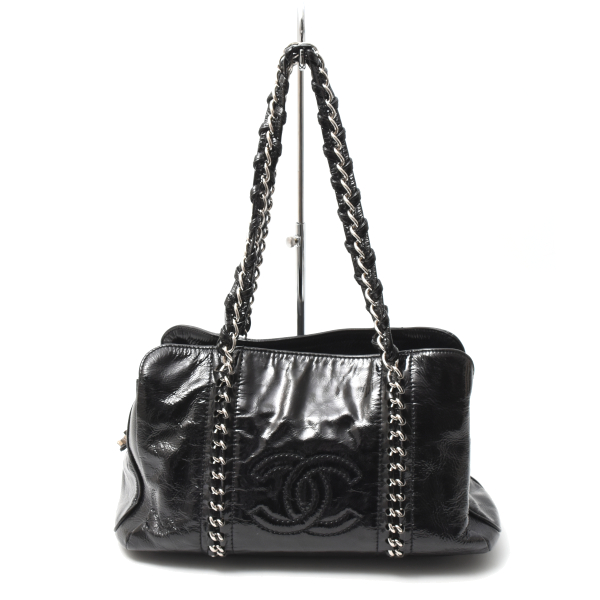 シャネル バッグ チェーントートバッグ ハンドバッグラグジュアリーライン  ココマーク パテントレザー ブラック CHANEL 中