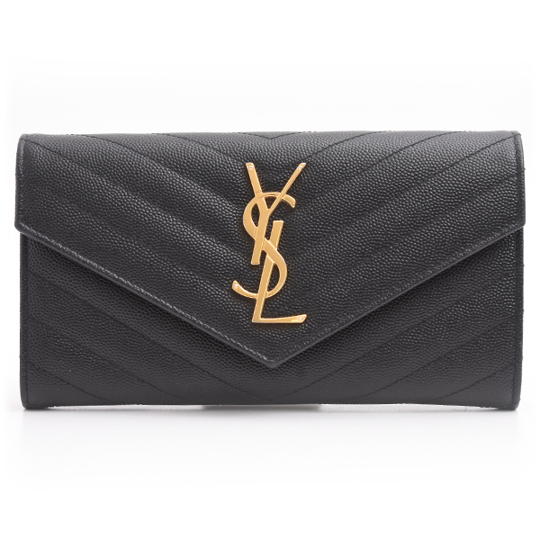イヴサンローラン 財布 レディース カサンドラ モノグラム ラージフラップウォレット 長財布 レザー ブラック SAINT LAURENT 372264 中古