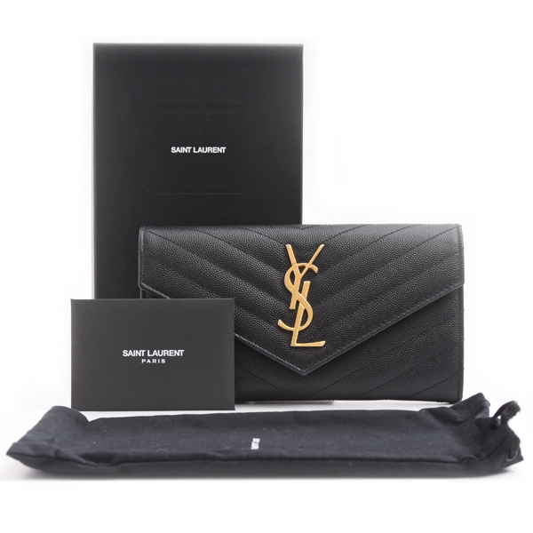 イヴサンローラン 財布 レディース カサンドラ モノグラム ラージフラップウォレット 長財布 レザー ブラック SAINT LAURENT 372264 中古