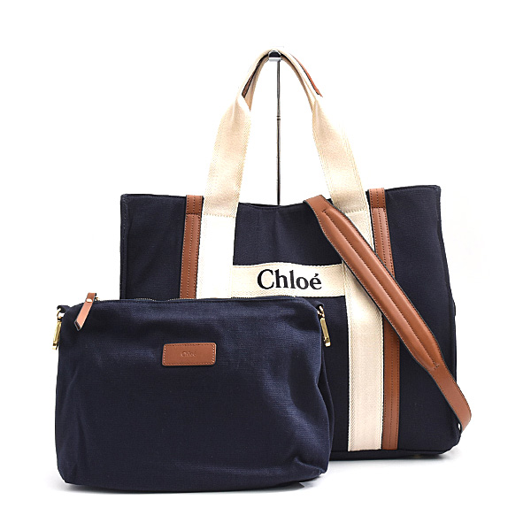 クロエ バッグ レディース クロエキッズ マザーズバッグ 2WAY トートバッグ キャンバス コットン ネイビー Chloe C90381 中古