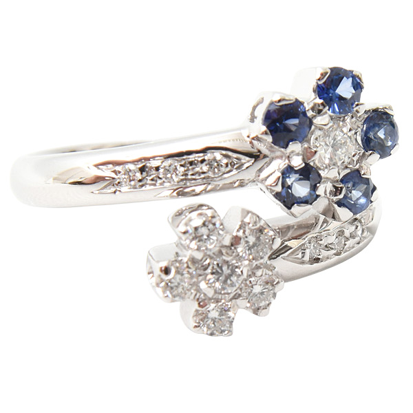 ゾッカイ リング レディース フラワーモチーフ サファイヤ×ダイヤ K18WG 実寸13号 Zoccai 中古