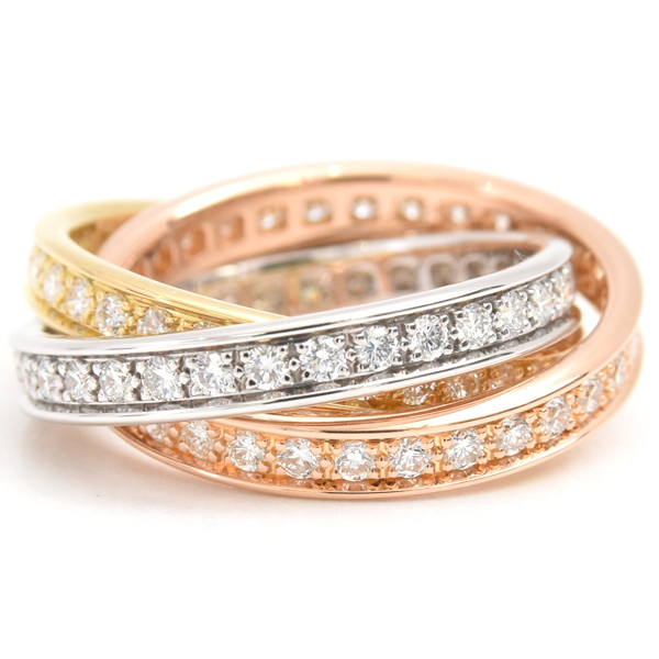 カルティエ 指輪 レディース スリーバングルズ トリニティ フルダイヤ リング 53号 ゴールド Cartier 750YG×WG×PG 中古