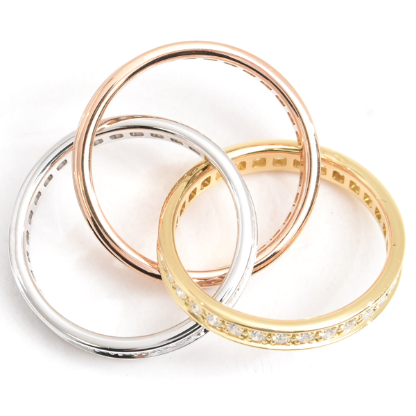 カルティエ 指輪 レディース スリーバングルズ トリニティ フルダイヤ リング 53号 ゴールド Cartier 750YG×WG×PG 中古