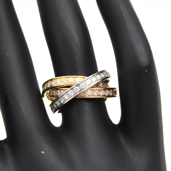カルティエ 指輪 レディース スリーバングルズ トリニティ フルダイヤ リング 53号 ゴールド Cartier 750YG×WG×PG 中古
