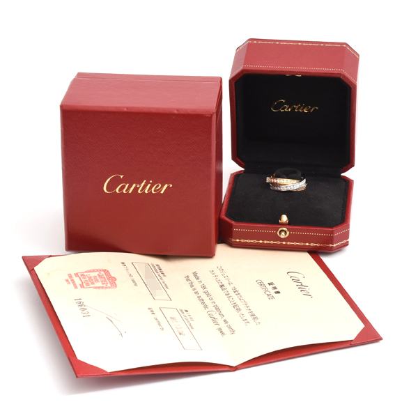 カルティエ 指輪 レディース スリーバングルズ トリニティ フルダイヤ リング 53号 ゴールド Cartier 750YG×WG×PG 中古