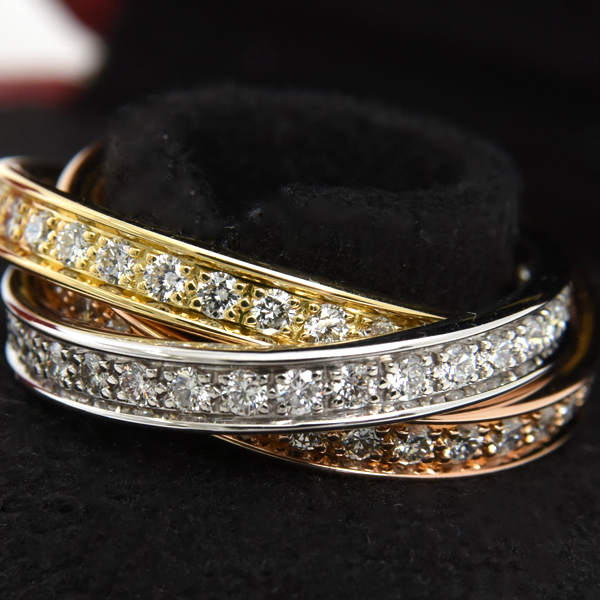 カルティエ 指輪 レディース スリーバングルズ トリニティ フルダイヤ リング 53号 ゴールド Cartier 750YG×WG×PG 中古