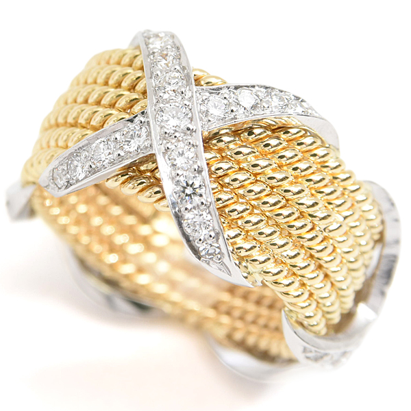 ティファニー 指輪 レディース ジャンシュランバージェ 6ロウ ダイヤ リング 13.5号 ゴールド プラチナ TIFFANY 750YG×PT950 中古