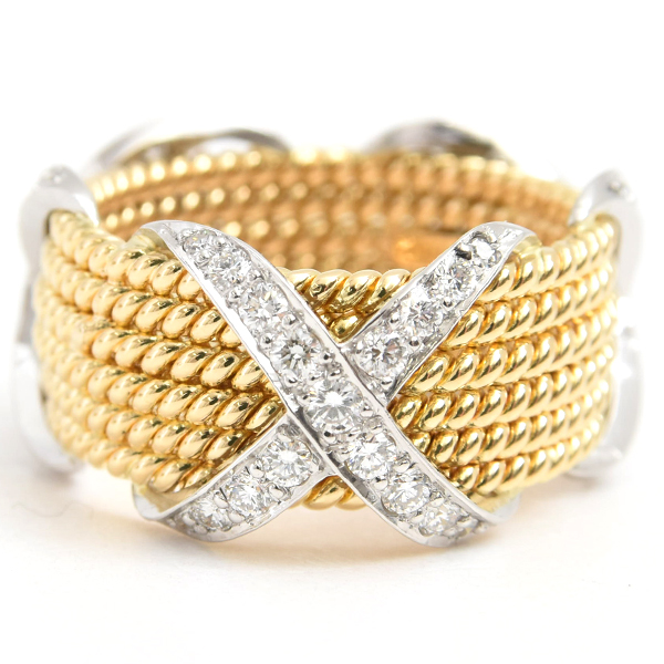 ティファニー 指輪 レディース ジャンシュランバージェ 6ロウ ダイヤ リング 13.5号 ゴールド プラチナ TIFFANY 750YG×PT950 中古