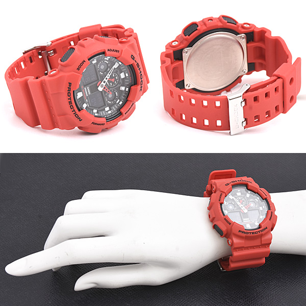カシオ 時計 メンズ G-SHOCK 電池式 デジアナ文字盤 レッド SS ラバー カーボン 樹脂 Gショック 腕時計 CASIO GA-100B-4AER 中古