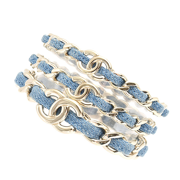 シャネル ブレスレット レディース ココマーク 3連 チェーン バングル Sサイズ B25P ゴールド×ブルー デニム×GP CHANEL 中古