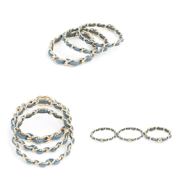 シャネル ブレスレット レディース ココマーク 3連 チェーン バングル Sサイズ B25P ゴールド×ブルー デニム×GP CHANEL 中古
