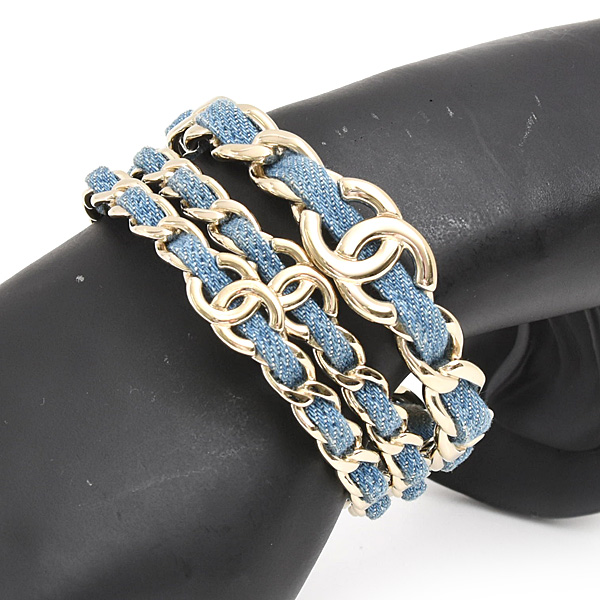 シャネル ブレスレット レディース ココマーク 3連 チェーン バングル Sサイズ B25P ゴールド×ブルー デニム×GP CHANEL 中古
