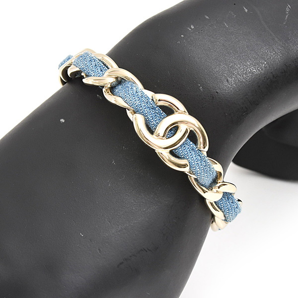 シャネル ブレスレット レディース ココマーク 3連 チェーン バングル Sサイズ B25P ゴールド×ブルー デニム×GP CHANEL 中古