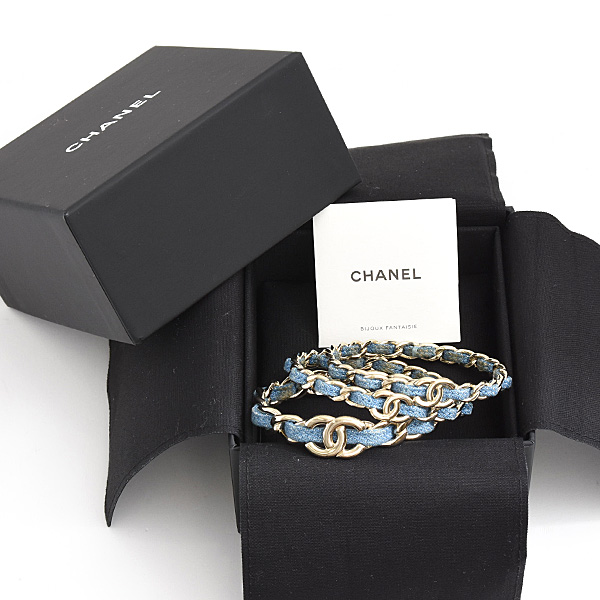 シャネル ブレスレット レディース ココマーク 3連 チェーン バングル Sサイズ B25P ゴールド×ブルー デニム×GP CHANEL 中古