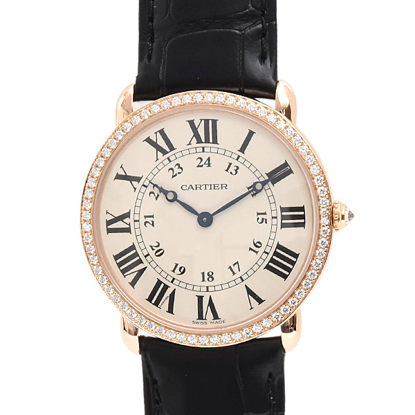 カルティエ 時計 メンズ レディース ロンド ルイ カルティエ LM 純正ダイヤベゼル 手巻 シルバー文字盤 750PG ピンクゴールド Cartier WR000651 中古