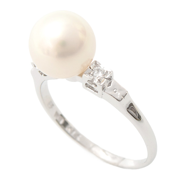 ミキモト リング レディース 一粒パール ダイヤモンド リング 8.1mm珠 実測10号 K14WG MIKIMOTO 中古