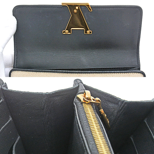 ルイヴィトン 財布 レディース ポルトフォイユカプシーヌ 長財布 キャンバス×レザー アイボリー×ブラック Louis Vuitton M81305 中古