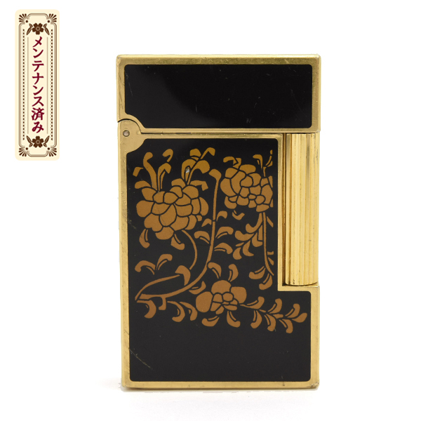 エステーデュポン ローラガスライター ライン2 漆 花柄 ブラックラッカー メンテナンス済み ゴールド S.T.Dupont 中古