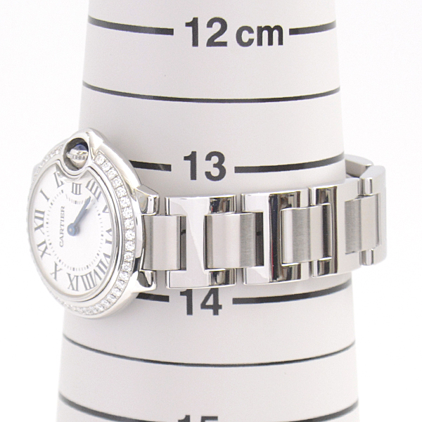 カルティエ 時計 レディース バロンブルーSM ダイヤベゼル 電池式 シルバー文字盤 ステンレス SS Cartier W4BB0015 中古