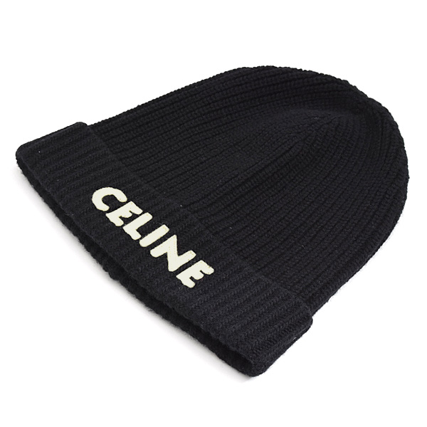 セリーヌ 帽子 メンズ レディース ロゴ ニット帽 ブラック ウール CELINE 2A25R535Q 中古