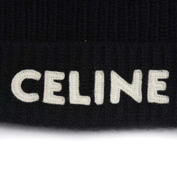 セリーヌ 帽子 メンズ レディース ロゴ ニット帽 ブラック ウール CELINE 2A25R535Q 中古