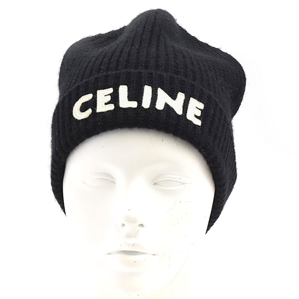 セリーヌ 帽子 メンズ レディース ロゴ ニット帽 ブラック ウール CELINE 2A25R535Q 中古