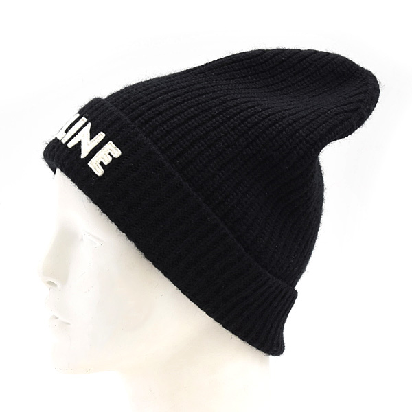 セリーヌ 帽子 メンズ レディース ロゴ ニット帽 ブラック ウール CELINE 2A25R535Q 中古