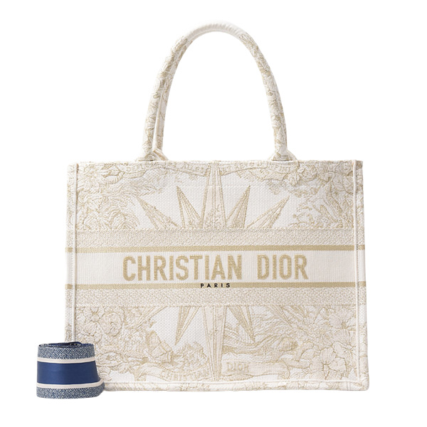 クリスチャンディオール バッグ レディース メンズ ブックトート ミディアム スカーフ キャンバス ホワイト×ゴールド Christian Dior 中古