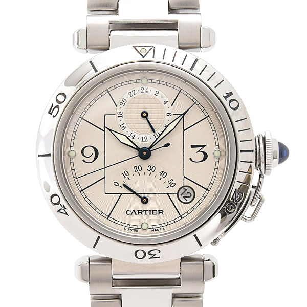 カルティエ 時計 メンズ パシャ 38mm GMT パワーリザーブ 自動巻 シルバー文字盤 ステンレス SS Cartier W31037H3 中古