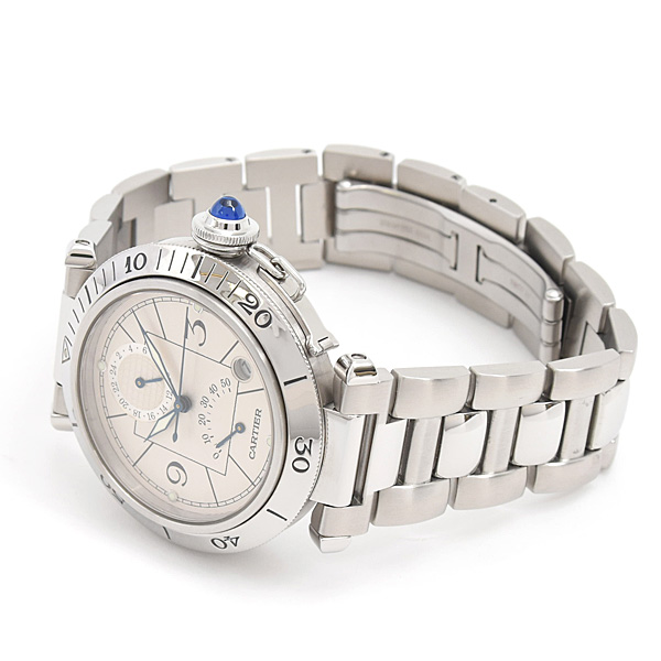 カルティエ 時計 メンズ パシャ 38mm GMT パワーリザーブ 自動巻 シルバー文字盤 ステンレス SS Cartier W31037H3 中古