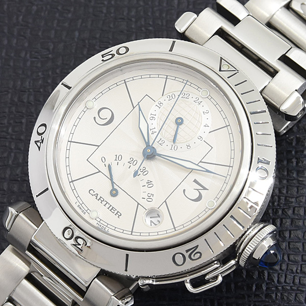 カルティエ 時計 メンズ パシャ 38mm GMT パワーリザーブ 自動巻 シルバー文字盤 ステンレス SS Cartier W31037H3 中古
