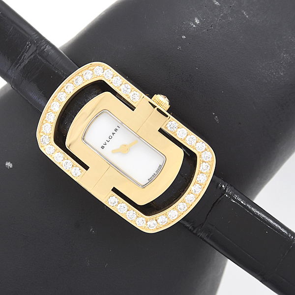 ブルガリ 時計 レディース パレンテシ ダイヤベゼル 電池式 ホワイト文字盤 イエローゴールド 750YG BVLGARI PA35G 中古