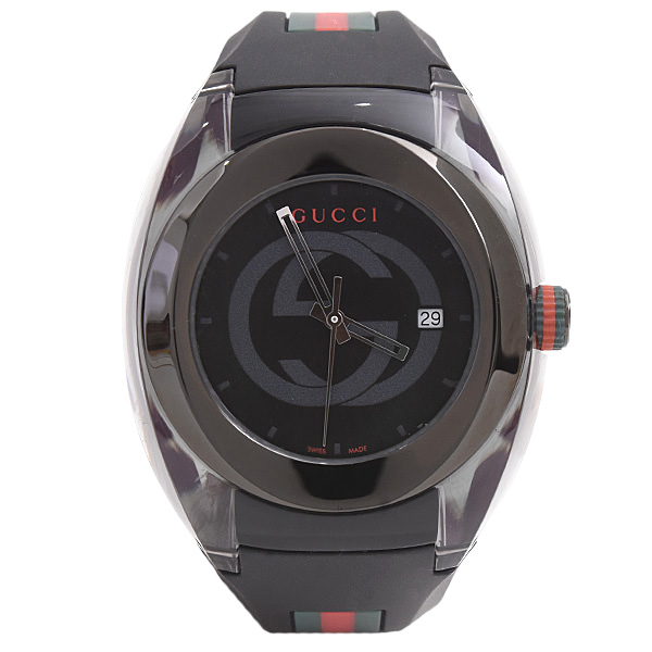 グッチ 時計 メンズ SYNC シンク シェリーライン ブラック文字盤 アナログ サファイヤガラス SS×ラバー GUCCI 137.1 中古